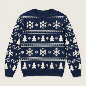 Snowfall Knit-Look Sweater with all-over snowflakes and pines in navy and cream