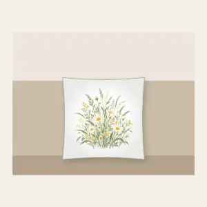Meadow Grass and Daisy Field Pillow in white: A flat meadow of swaying grasses and small daisies in sage, cream and butter yellow.