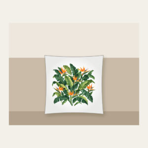Banana Leaves and Birds-of-Paradise Pillow in white: Banana leaves and birds-of-paradise flowers in green and orange on cream.