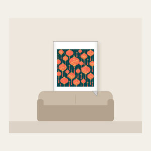 Coral and Gold Paper Lantern Night Fleece Blanket in white: Paper lanterns in coral and gold with fine strings across deep teal.