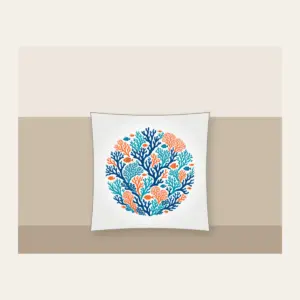 Branching Coral and Tiny Fish on Deep Blue Pillow in white: Branching coral and small fish in teal and orange swim across a deep blue background.