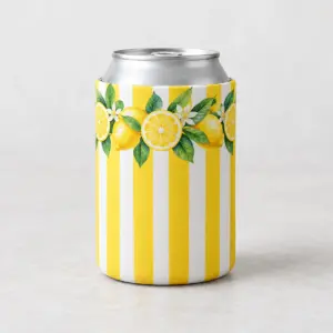 Lemonade Stand Can Cooler with vertical lemon yellow and white stripes with a ring of lemon slices and green leaves near the top