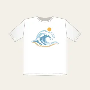 Curling Wave and Little Sun T-Shirt in white: A curling wave in white, pale blue and sand with a small sun disc above.