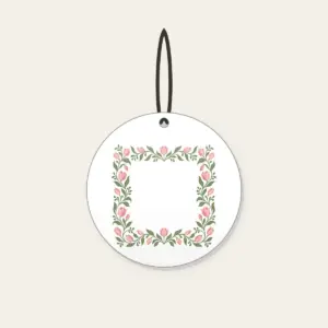 Sage Vine and Tulip Border Ceramic Ornament in white: A border of curling sage vines and blush tulips around an empty center.