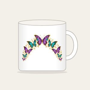 Butterflies Arching Along the Edge Mug in white: Violet, teal and gold butterflies arch along a curved edge.