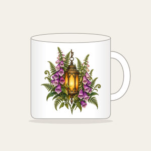 Lantern Among Foxgloves and Ferns Mug in white: A suspended lantern glows amber among violet foxgloves and green fern leaves on a pale stone ground.