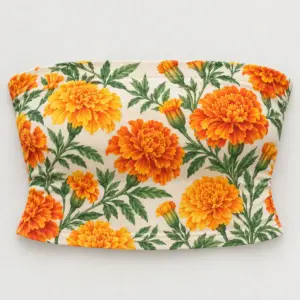 Marigold Tube Top with marigold flowers and leaves in orange, yellow and green on cream