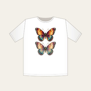 Amber Plum Watercolor Butterfly T-Shirt in white: A butterfly with watercolor-style wings in amber, plum and teal, traced with delicate vein linework.