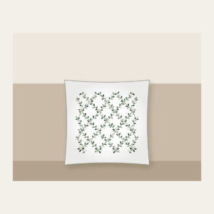 Forest Green Trellis with Tiny Leaves Pillow in white: Trellis lines with small leaves in forest green, cream and sage repeat all over.