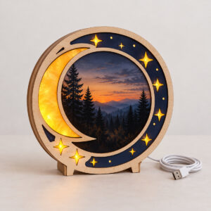 Moonbeam Photo Night Light Box with box face with a crescent moon, small stars and a window showing an original sample photograph of a pine forest at dusk in navy and gold tones, Yellow LED type