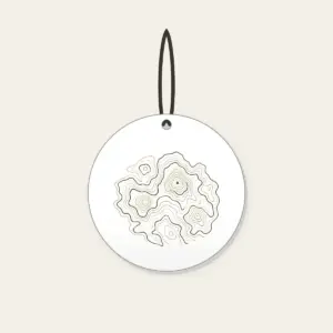 Moss Contour Map Ceramic Ornament in white: Topographic contour lines in moss, sand and cream with a tiny peak marker.