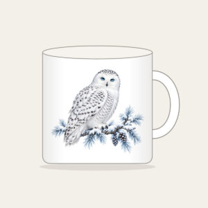 Snowy Owl on a Frosted Branch Mug in white: A snowy owl on a frosted branch in white, grey and ice blue.