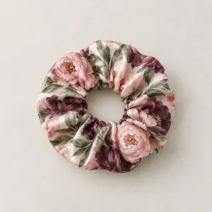 Satin Peony Scrunchie with all-over peony blooms in blush, plum and sage