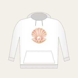 Scallop Shell Holding a Pearl Hoodie in white: A scallop shell holds a single pearl in blush and sand tones.