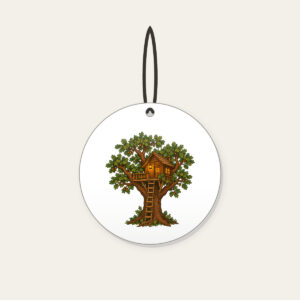 Oak Treehouse with Glowing Lantern Ceramic Ornament in white: A treehouse in an oak tree with a glowing lantern in brown, green and amber.