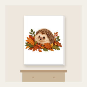Hedgehog Among Fallen Leaves Canvas Print in white: A small hedgehog wanders among fallen leaves in brown, rust and green.