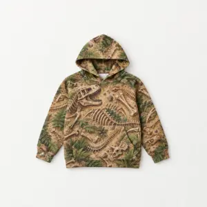 Fossil Dig Youth Hoodie with all-over fossil dig scene of dinosaur bones and ferns in sand, brown and green