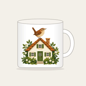 Wren on the Rooftop Mug in white: A small house with a wren on its roof in warm brown, cream and green.