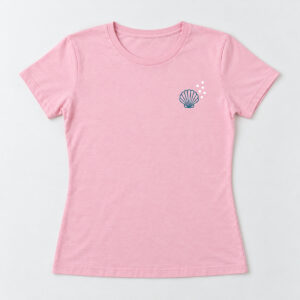 Light Pink Seashell Scallop Tee with compact front chest panel print of a scalloped shell with tiny pearl dots in deep teal and white