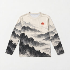 Ink Wash Mountains Long Sleeve Shirt with layered ink wash mountains in charcoal and grey with a small red sun on a cream base
