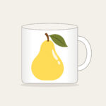Butter Yellow Pear with Olive Leaf Mug in white: A stylized butter-yellow pear with an olive leaf and a small cream highlight, drawn in a clean, rounded outline.