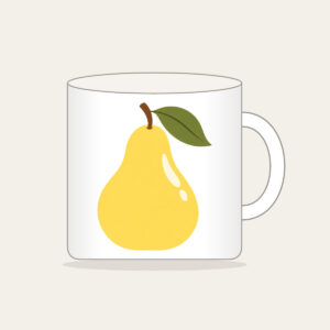 Butter Yellow Pear with Olive Leaf Mug in white: A stylized butter-yellow pear with an olive leaf and a small cream highlight, drawn in a clean, rounded outline.