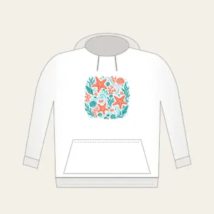 Tide-Pool Starfish Pattern Hoodie in white: Starfish, small shells and ripples gather in a tide-pool repeat in coral and teal.