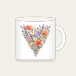 Wildflower Meadow in Coral and Lilac Mug in white: A single tall wildflower meadow in coral, lilac, green and cream narrows to a point at the lower edge.