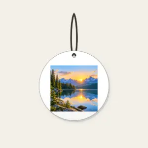 Quiet Lake at Sunrise with Pines Ceramic Ornament in white: A calm lake at sunrise with a pine shoreline, edged by a thin white border.