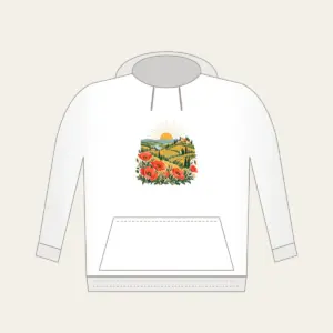 Terraced Hills at Sunrise with Poppies Hoodie in white: Terraced hills under a rising sun with poppies in the foreground in coral, gold and green.