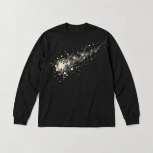 Comet Splatter Long Sleeve Tee with a compact bleach splatter look in a comet shape on the chest only, in cream and grey