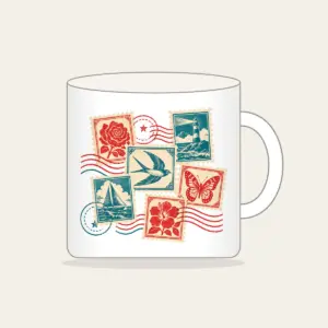 Vintage Postage Collage Mug in white: Vintage postage stamps with a wavy postmark in teal, cream and red.