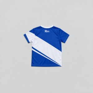 Youth Hybrid Jersey with Name Patch with cobalt and white diagonal panels with a small name patch showing the exact text "Max" in white script