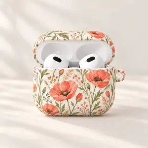 Poppy Meadow Earbud Case with flat printed illustration of poppies and fine grasses in coral and olive on a cream ground