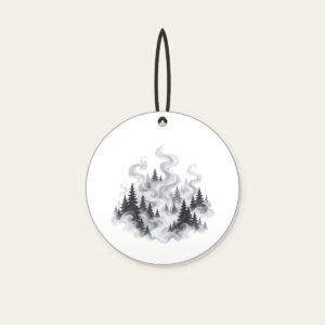 Campfire Smoke Curls Through Pines Ceramic Ornament in white: Wisps of smoke curl upward between dark pine silhouettes in muted greys.