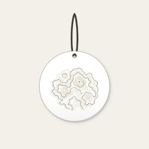 Moss Contour Map Ceramic Ornament in white: Topographic contour lines in moss, sand and cream with a tiny peak marker.
