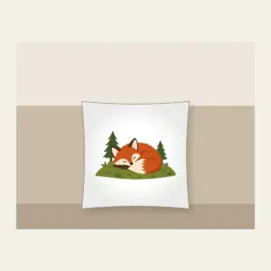 Sleeping Fox on the Hill Pillow in white: A rust-colored fox curled asleep on a green hill with two tiny pines.
