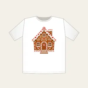 Gingerbread Cottage with Icing Swirls T-Shirt in white: A gingerbread-style cottage with white icing swirls and candy dots in brown, white and red.