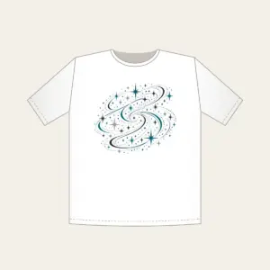 Charcoal Night Trail of Stars and Paths T-Shirt in white: An all-over pattern of stars and path lines in charcoal, silver and teal.