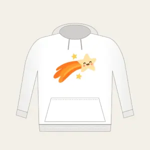 Cheerful Comet with Two Stars Hoodie in white: A cheerful cream comet with an orange curved tail and two pale-yellow stars.