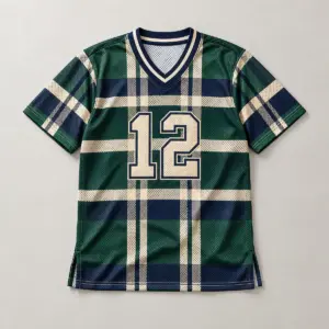 Highland V-Neck Short Sleeve Jersey with plaid-inspired bands in forest green, navy and cream with number "12"