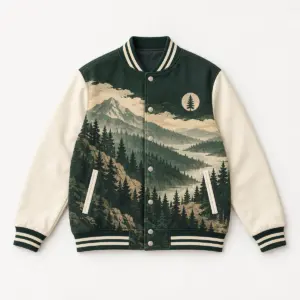 Pine Ridge Varsity-Style Jacket with all-over print of forested ridge panels in dark green and sand with cream sleeves and a small pine crest on the chest