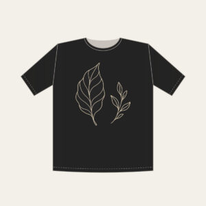 Single-Line Leaf Drawing T-Shirt in black: One unbroken cream line sketches a graceful leaf, answered by a small sprig on the reverse side.
