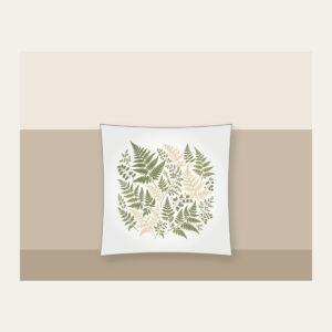 Pressed Ferns with a Gold Line Pillow in white: All-over pressed ferns in sage and cream, edged with a fine gold line.