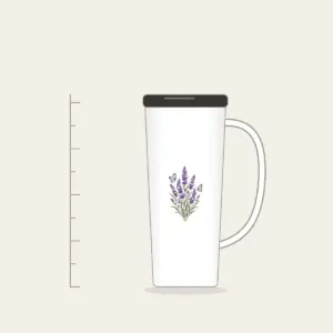 Lavender Stems and Two Butterflies Tumbler with Handle in white: Tall lavender stems rise beside two small butterflies in violet, cream and sage.