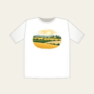 Farm Field Strips Under a Low Sun T-Shirt in white: Horizontal strips of gold, green and sand lie under a low pale sun.