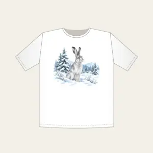 Hare in a Snowy Field with Pines T-Shirt in white: A hare pauses in a snowy field among pines in white, grey and ice blue.