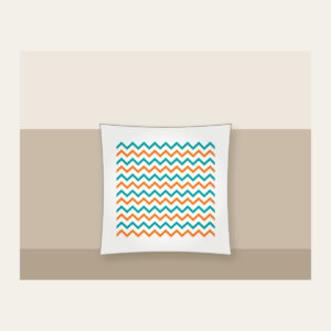 Teal and Orange Zigzag Trail Pillow in white: Zigzag trail lines in teal and orange race across a white ground.