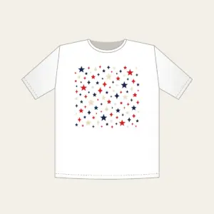 Small Stars and Diamonds Repeat in Navy T-Shirt in white: A repeat of small stars and diamonds in navy, red and cream.