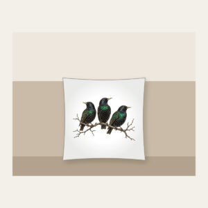 Three Starlings on a Bare Branch Pillow in white: Three starlings perch on a bare branch in charcoal and iridescent green on a pale ground.